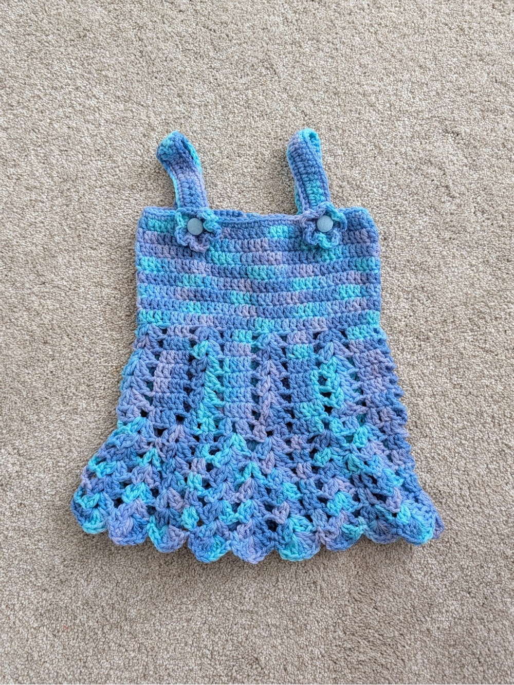 Handmade Crocheted Baby Sundress in Blue and Teal Variegated Yarn